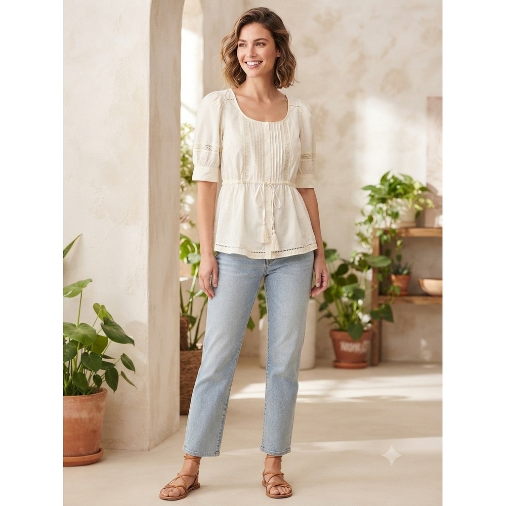 Karen Kane White Cotton Lace Peasant Blouse Tassel Peplum Top S Prairie Chic‎